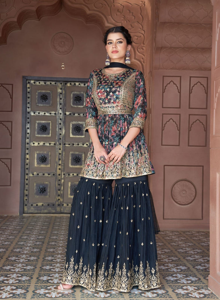 Sherni London Peplum Navy printed Indian Sharara suit with embroidery and dupatta