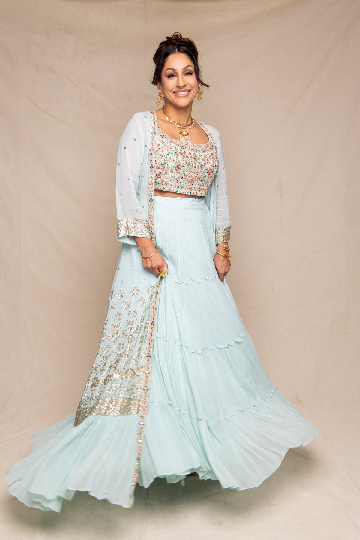 Readymade Gowns and Suit Sets BBC Apprentice Star Raj Chauhan in Sherni London readymade Indian lehenga with jacket