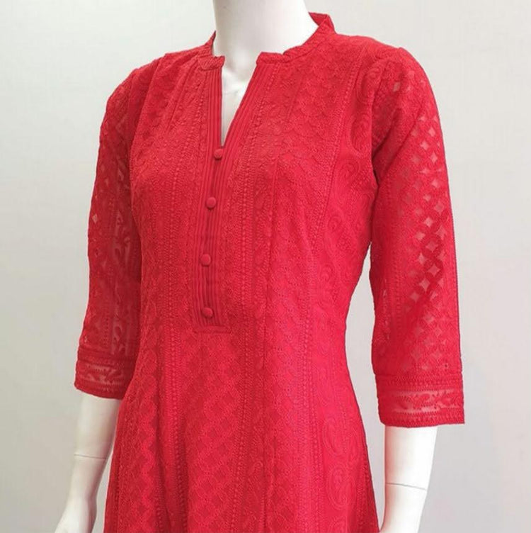 Chikankari Kurti Dress Size 8 Size 22 in red with long sleeves in georgette
