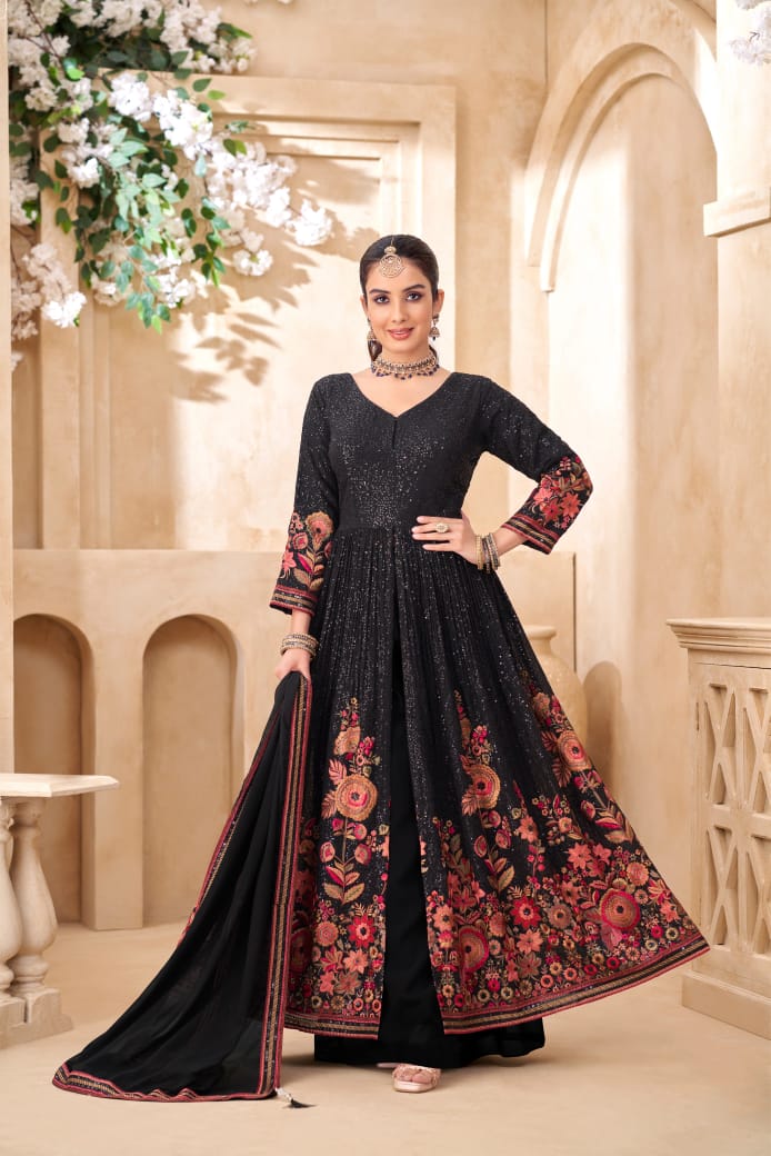 Sherni London black front split jacket palazzo set with full sequin embroidery, threadwork flowers and georgette dupatta