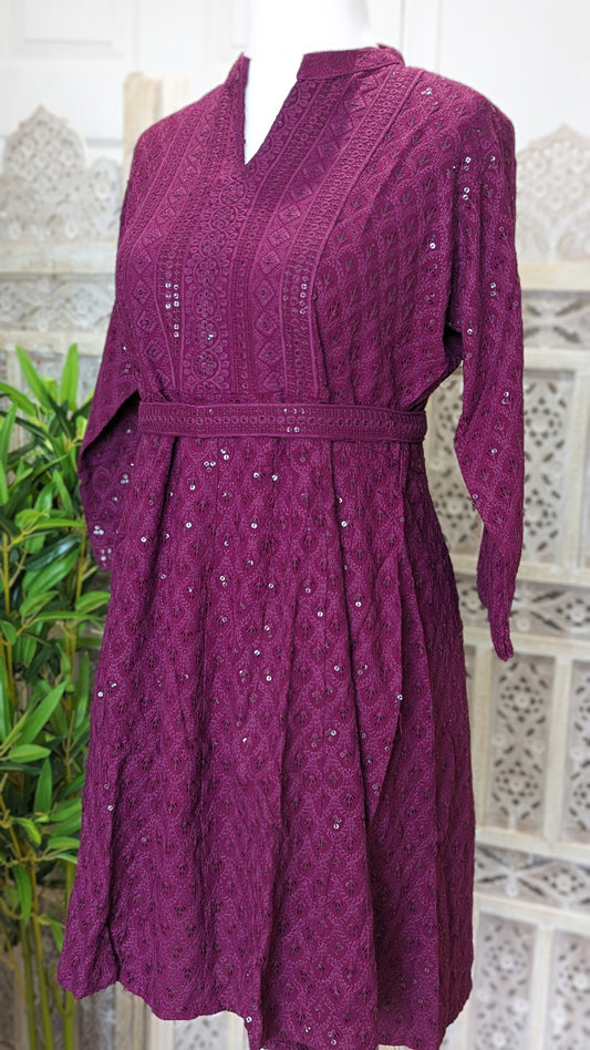 Burgundy Short Belted Chikankari Kurti