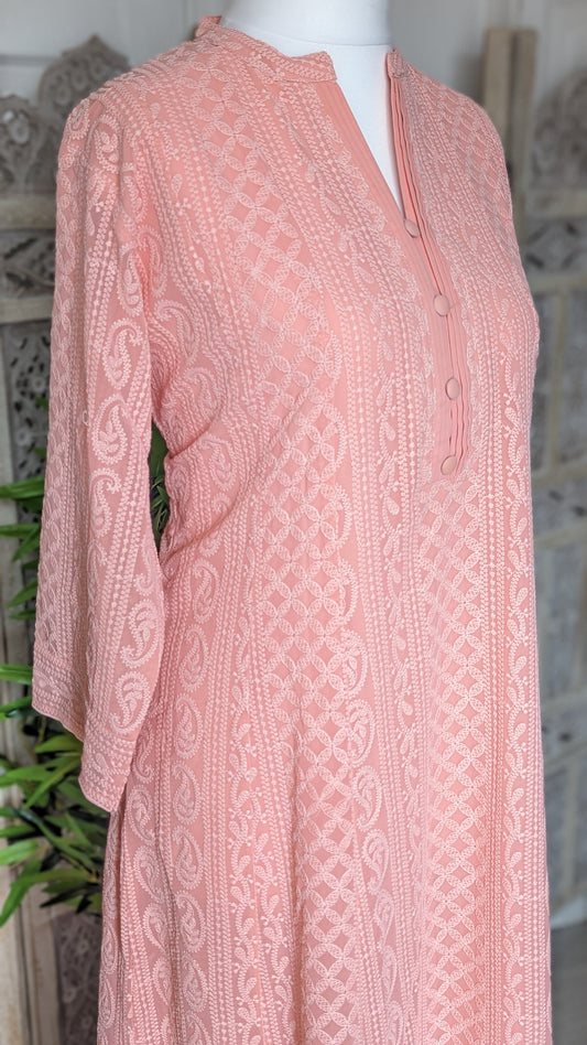 Peach Chikankari A-Line Kurti Sizes 8-22