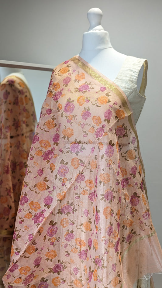 Chanderi Peach Floral Print Dupatta / Shawl