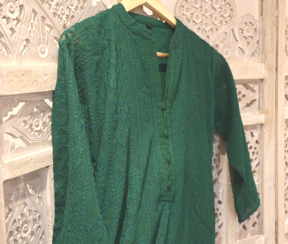 Forest Green Chikankari A-Line Kurti Sizes 8-22
